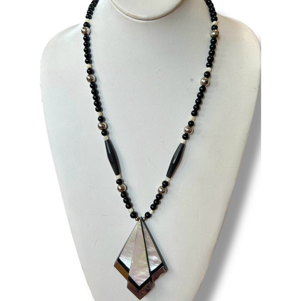 Vintage Karla Jordan Mother-Of-Pearl Pendant Black Silver Beaded Necklace
